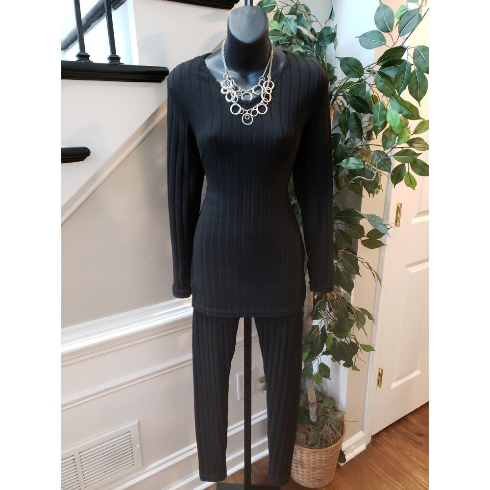 Womens 2 Piece Top & Pants Small Black Ribbed Knit Slit Long Sleeve Pullover